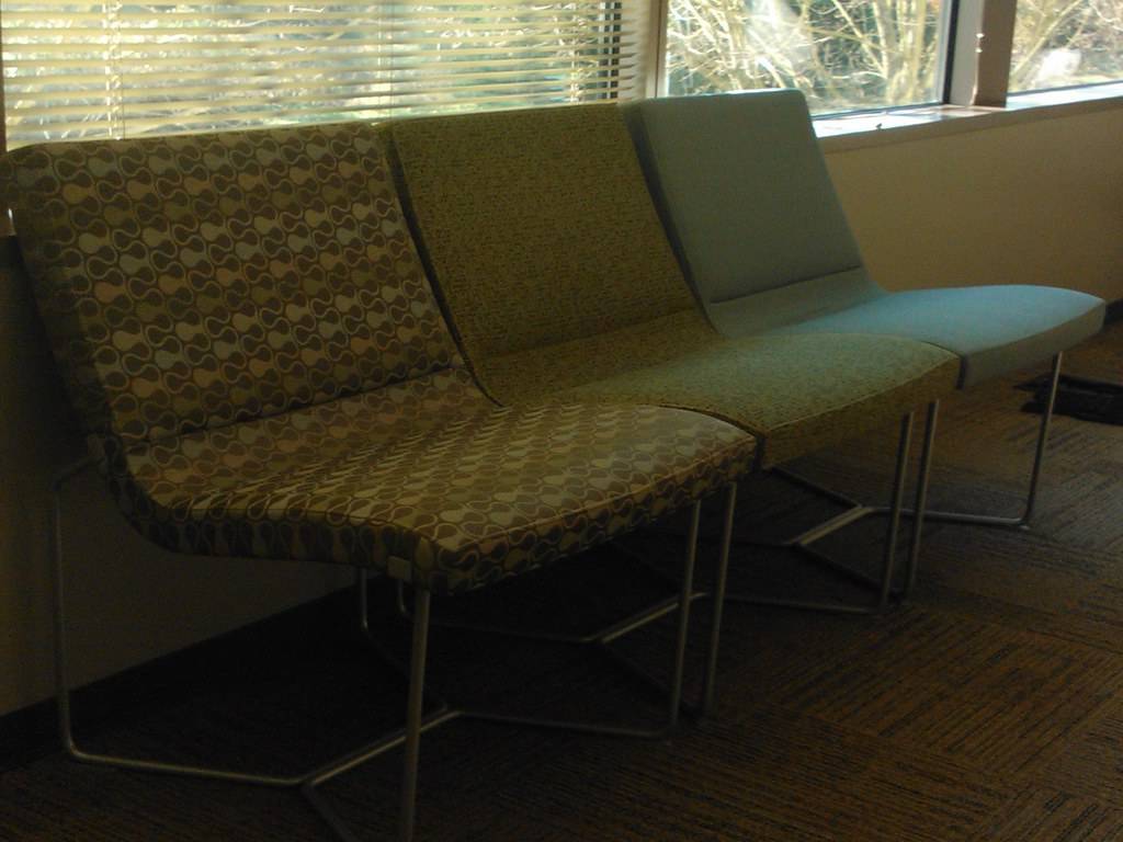 Office chairs, patterned fabric, green, blue, Microsoft building 5, Redmond Town Center, Washington, USA